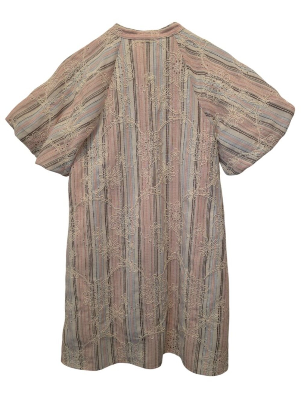 LOVELO Pastel Striped Floral Embroidered Short-Sleeve Button-Down Dress Sz S - Picture 2 of 6